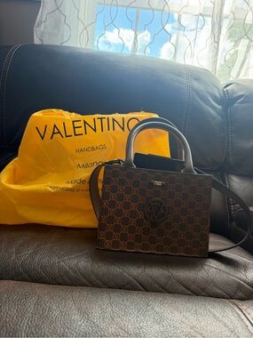 Valentino Brown Monogram Mini Top-Handle Satchel with Black Trim